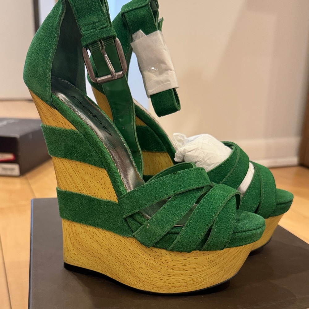 bebe Green Wedge Sandals